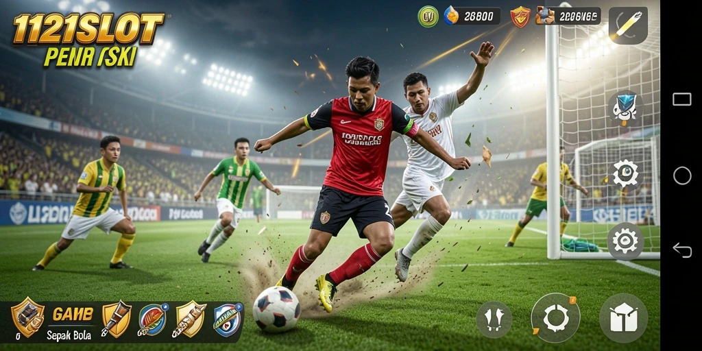 Tampilan gameplay 1121SLOT yang penuh aksi di lapangan sepak bola.