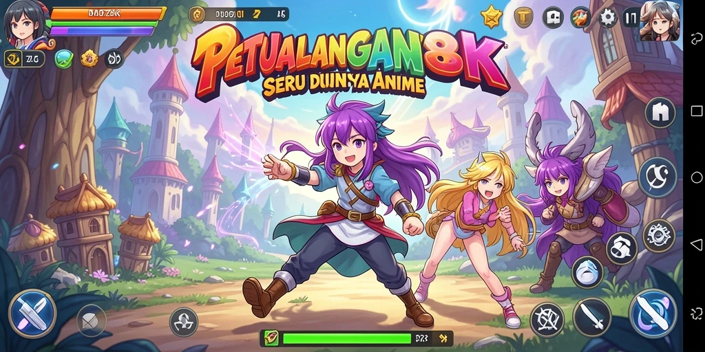 Tampilan gameplay menarik di dunia anime yang penuh warna.