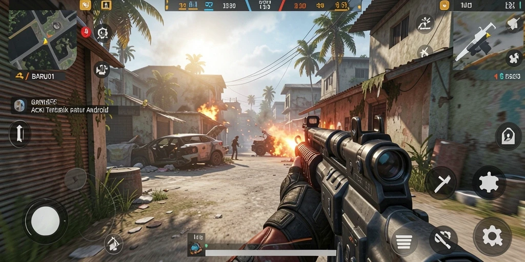 Tangkapan layar gameplay BARU01 yang menampilkan pertempuran FPS yang mendebarkan.