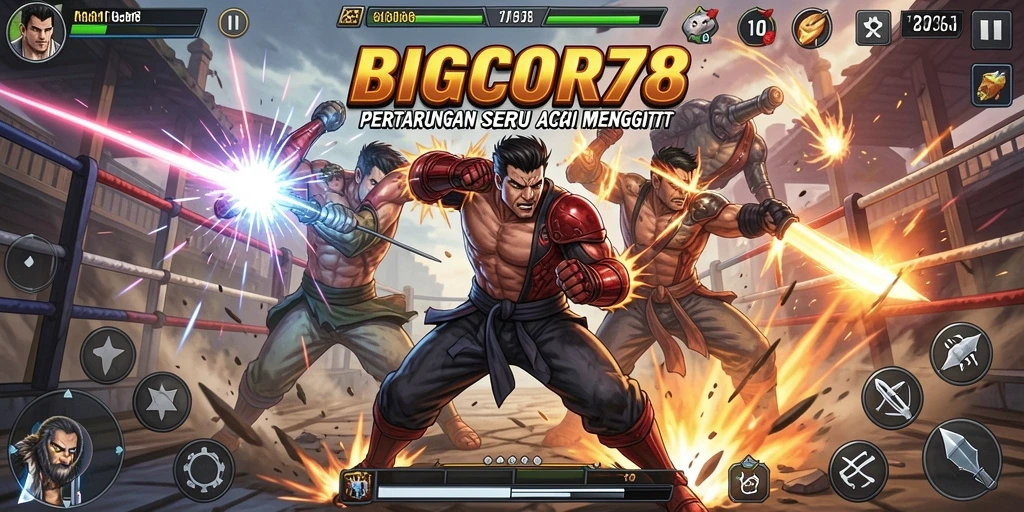Gameplay pertarungan seru dalam BIGCOR78 di layar smartphone.