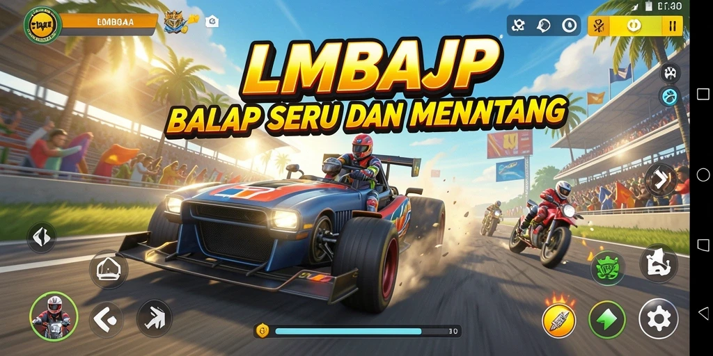 Tangkapan layar gameplay LMBAJP dengan mobil yang melaju kencang di trek balap.